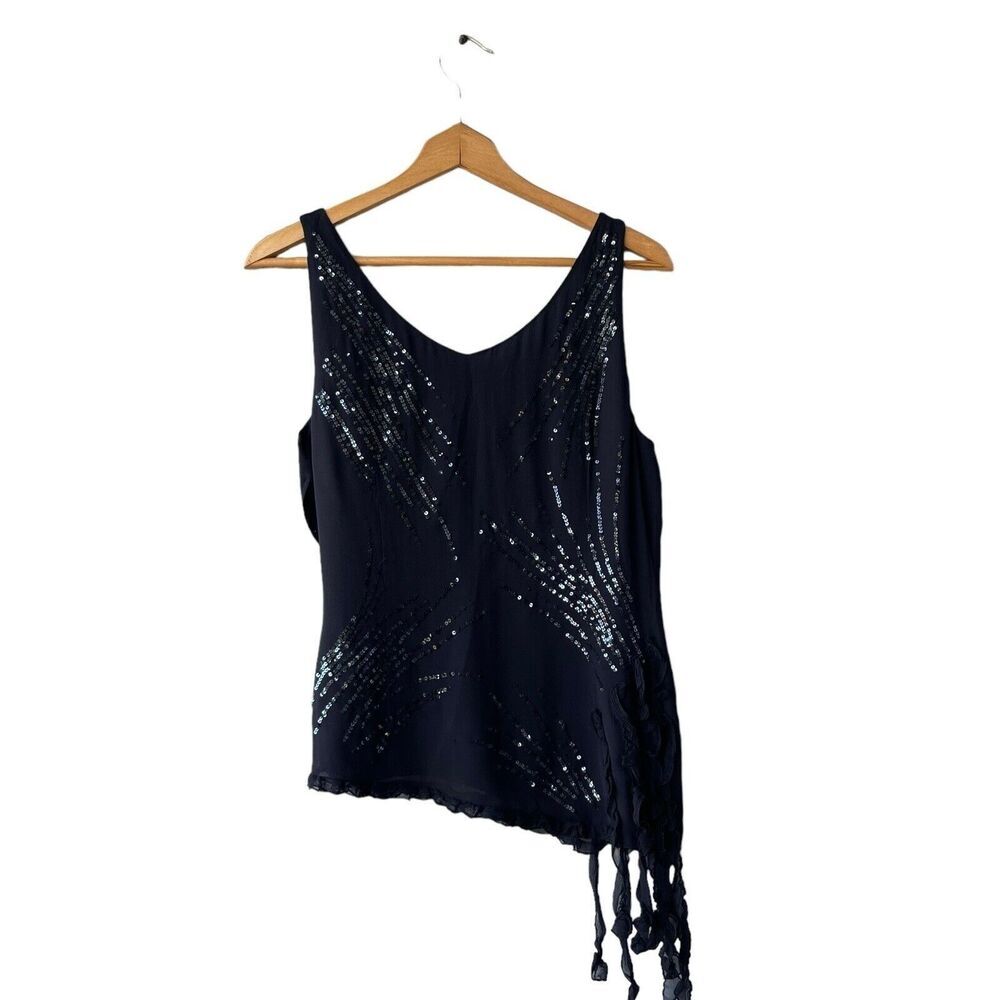 BCBG MAXAZRIA 100% Silk Tank Top Womens M Black Asymmetric Sequins Y2K Blouse